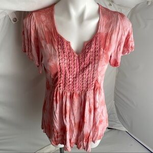 One World pink and white tie-dye v-neck flowy boho top